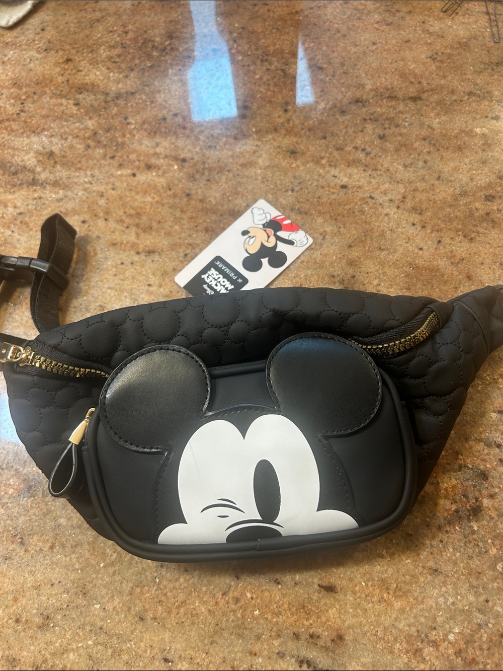 NWT Disney Black Quilted Mickey Mouse Waist Bag with Gold Zipper